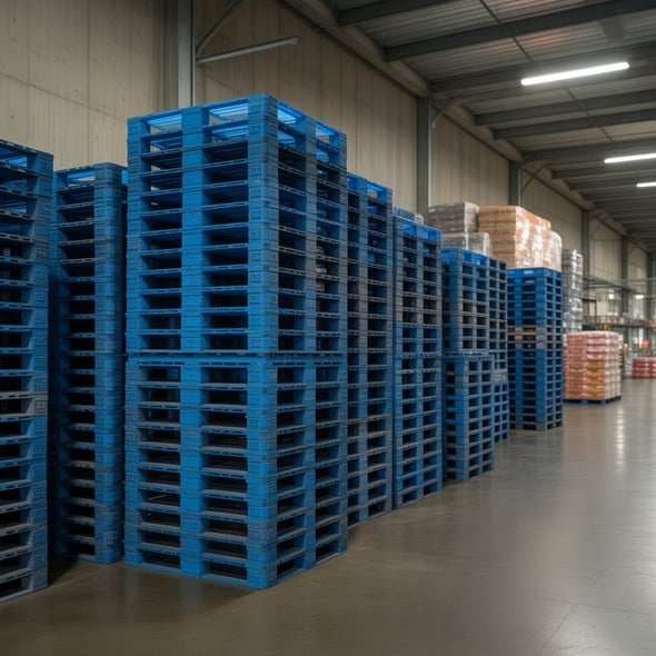 Tarimas plásticas azules alineadas en una nave industrial, elaboradas con plástico reutilizado